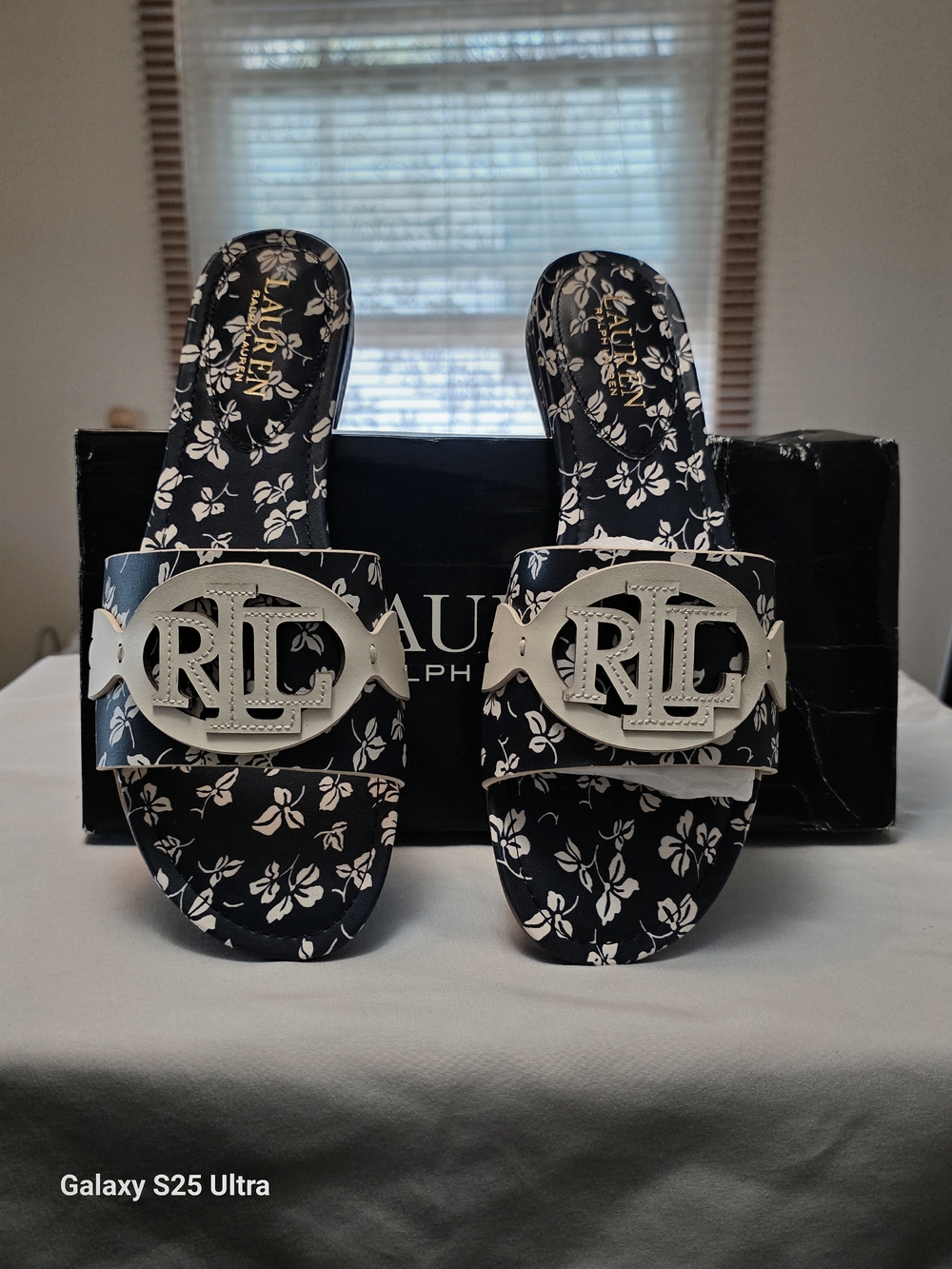 Lauren Ralph Lauren Alegra Floral Leather Slide Sandals In Navy Size 9B